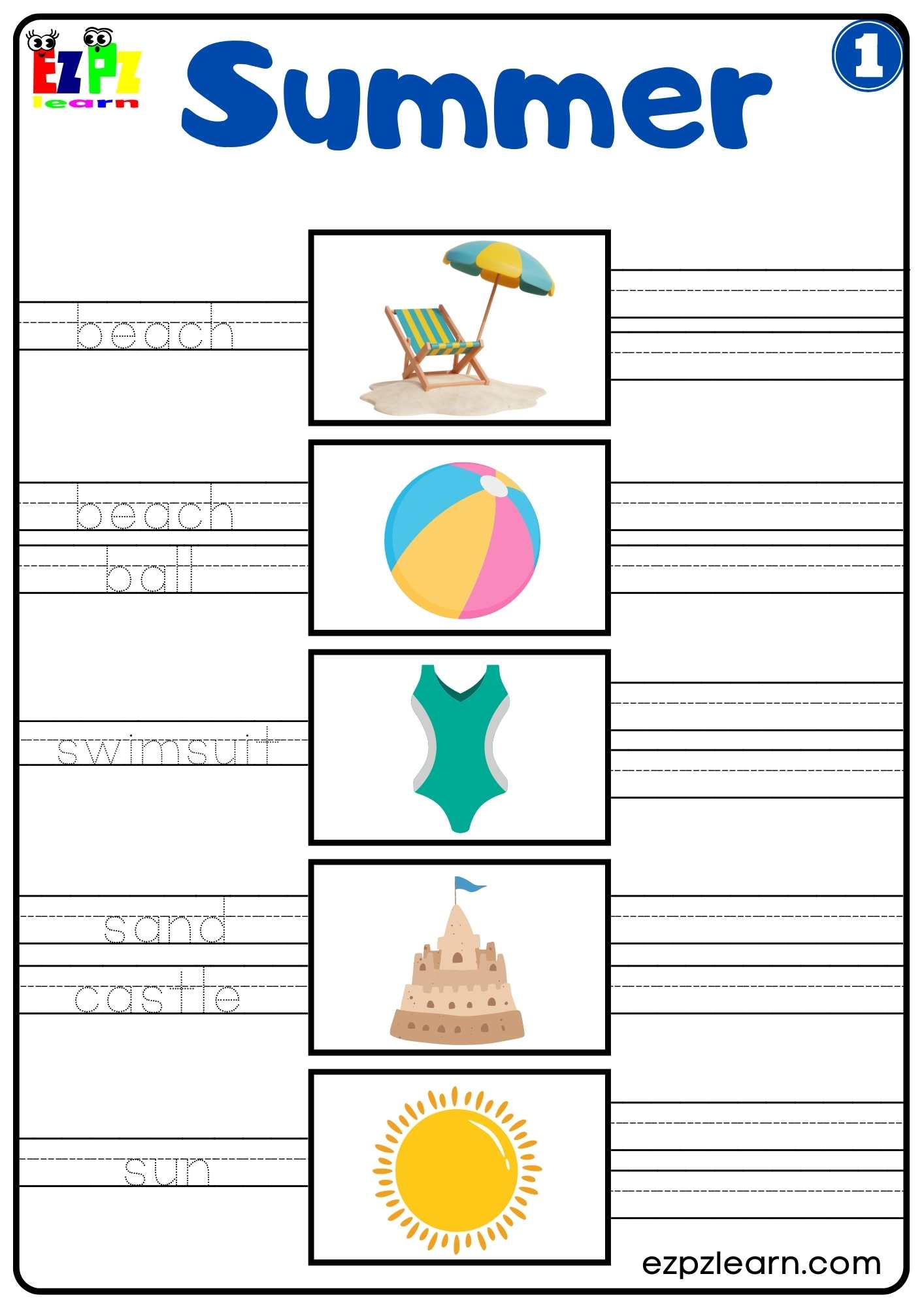 Summer Write The Words Activity For Kids Set 1